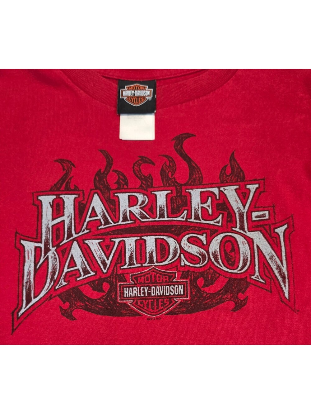 Harley-Davidson Red Long Sleeve Graphic T-Shirt with Flame and Motorcycle Design